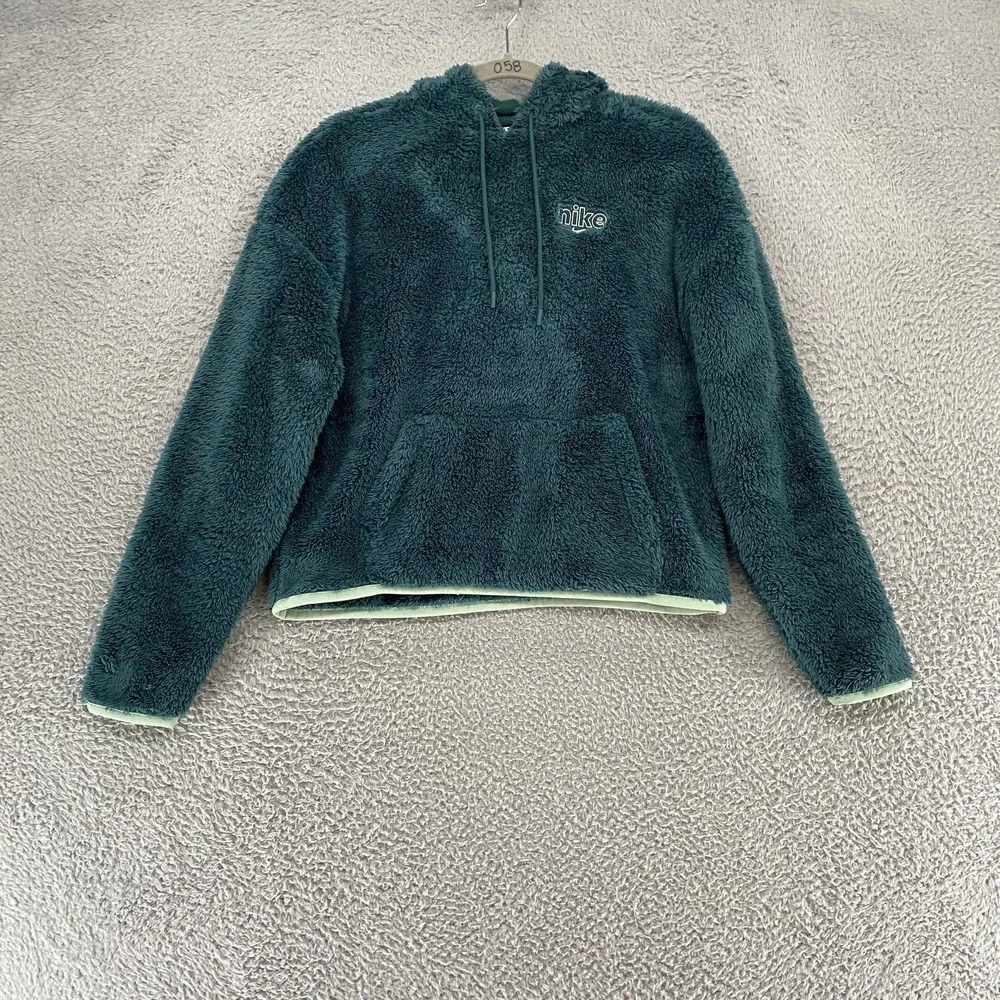 Nike Hoodie Womens XS Teal High‎ Pile Fleece Pullover Boxy Crop Cozy Drawstring
